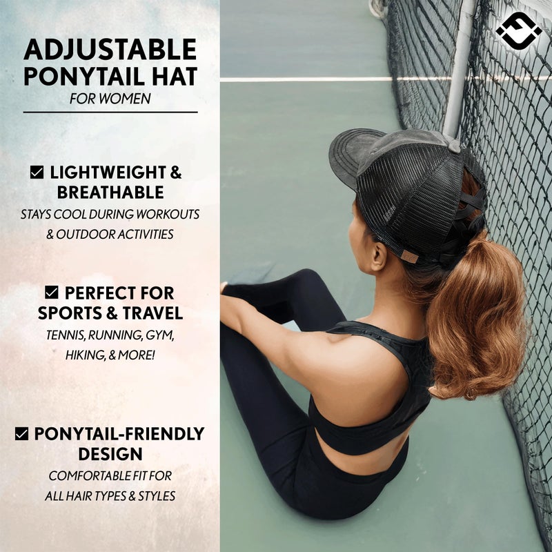 Funky Junque Women's Messy Bun Ball Cap Distressed Ponytail Trucker Hat with Ponytail Hole and Criss Cross Bands - Black Mesh - Black Camo (Distressed) - Image 4